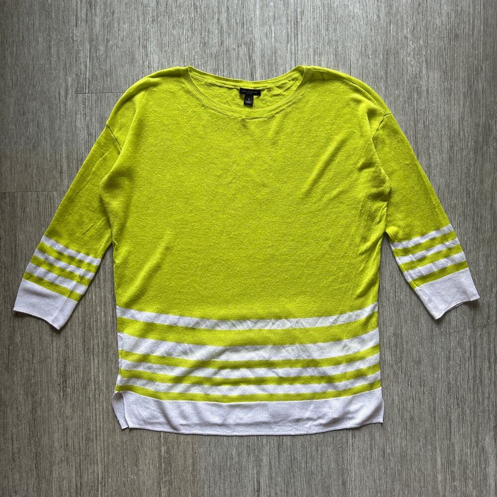Ann Taylor Chartreuse White Stripes Crewneck Linen Blend Sweater Size Small